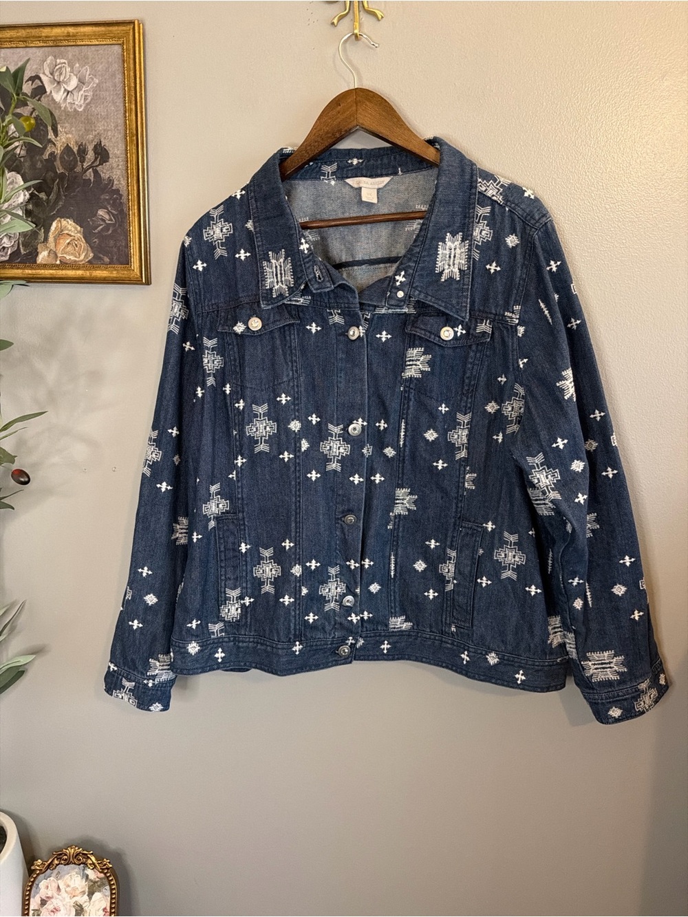 Laura Ashley 3X Embroidered Denim Jacket Boho Western Aztec Plus Size Cotton - Picture 3 of 8